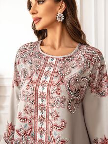 女士印花圆领钻石和珍珠装饰长袖 Jalabiya 连衣裙，优雅大方 - 2406-3 - 查看 2