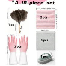 Set de 10 piezas de artículos de limpieza: 1 pieza Plumero con mango de madera, 2 piezas Cepillos de limpieza, 2 pares Guantes de limpieza, 5 piezas Paños de limpieza, Limpieza de polvo en el hogar, Limpieza de polvo en el automóvil, Limpieza de polvo portátil, Artículos de limpieza para el hogar y comercial, Herramientas de limpieza, Artículos esenciales para volver a la escuela
