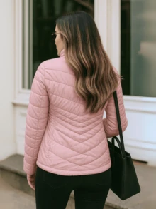 Chamarra Acolchada Entallada, Estilo Elegante Urbano, Ligera y Térmica para Mujer, Bolsillos con Cremallera, Cardigan Lateral - rosa - Ver 2