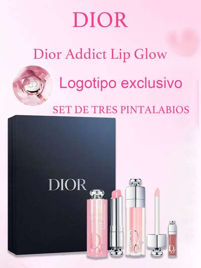  DIOR Addict Gift Set 3 piezas Lip Glow Essential 001 Pink 3a, kit de maquillaje de lujo, brillo y color labial, hidratación y duración, ideal para regalo, presentación exclusiva y productos originales