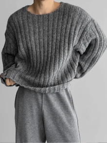 男士罗纹街头风毛衣，独特设计，宽松圆领长袖套头衫，简约风格，适合秋冬季穿着 - 灰色 - 查看 1