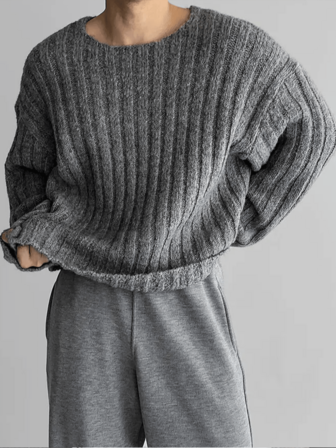 Men's Ribbed Street Style Sweater, Minimalist Dropped Shoulder Crew Neck Long Sleeve Knit Pullover, Autumn/Winter