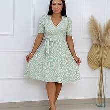 Women's Casual Elegant Printed Dress In Romantic Fabric - Verde Salvia - View 5