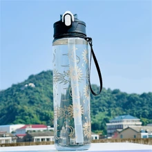 1pc 500ml pink flower pattern water bottle, simple and transparent plastic water cup - Pink - View 18