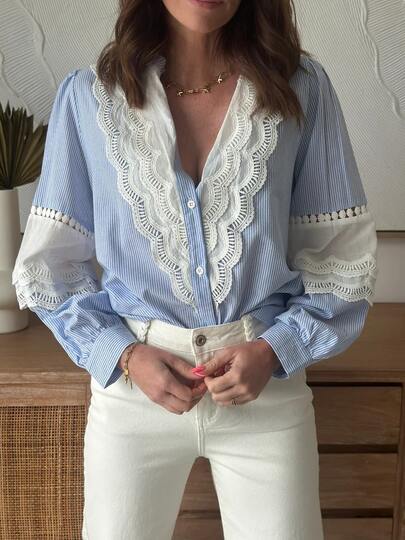 Women's Striped Pattern Lace Patchwork Button Front Embroidered Casual Blouse, Women's Fashion Lace Patchwork Striped Long Sleeve Shirt, Loose Fit Everyday Top