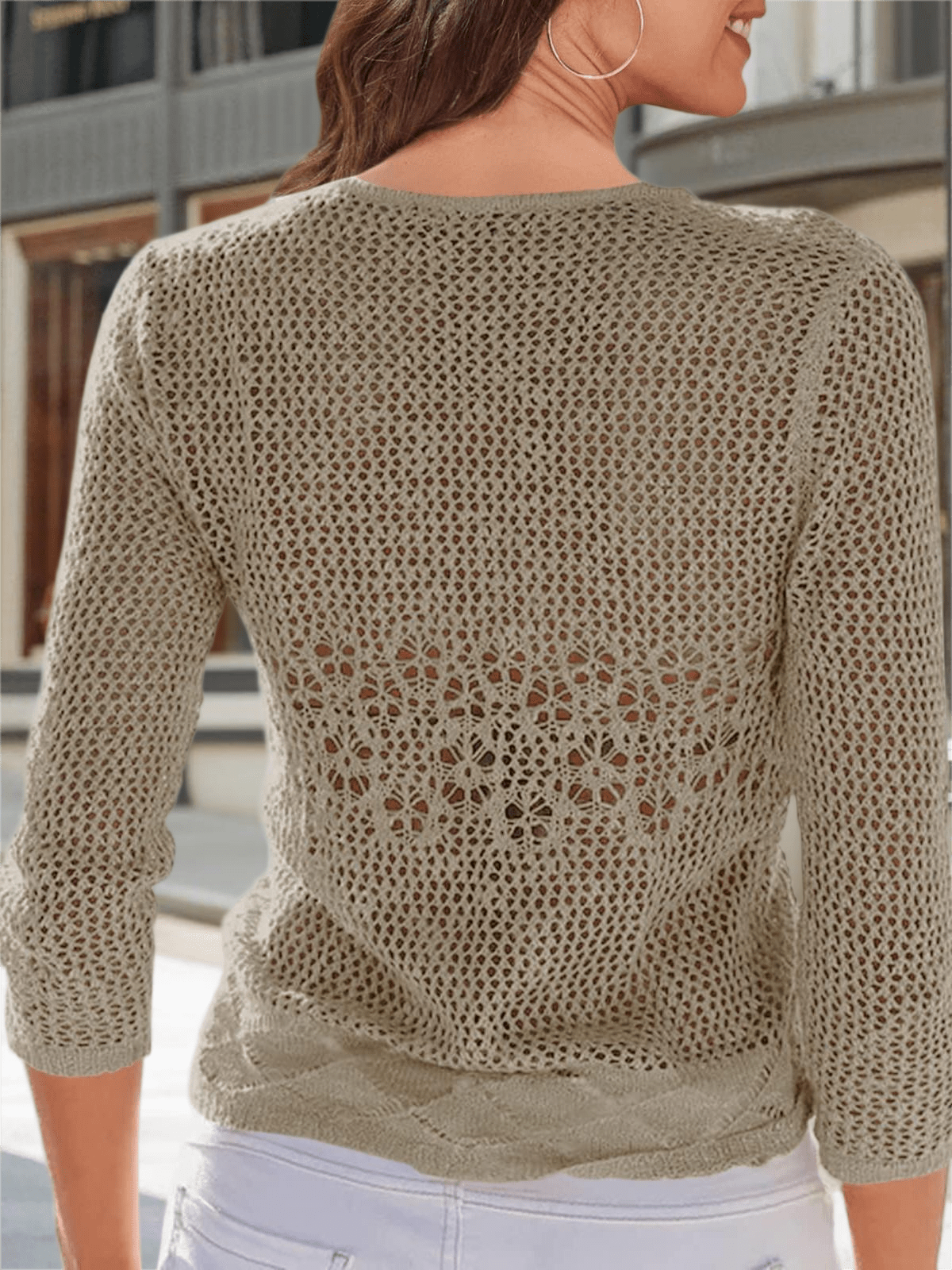 Womens Sheer Shrug Sweaters 3/4 Sleeve Open Front Tie Cardigan Bolero Jacket Lightweight Crochet Knit Cover Up Tops - Màu Khaki - Xem 2