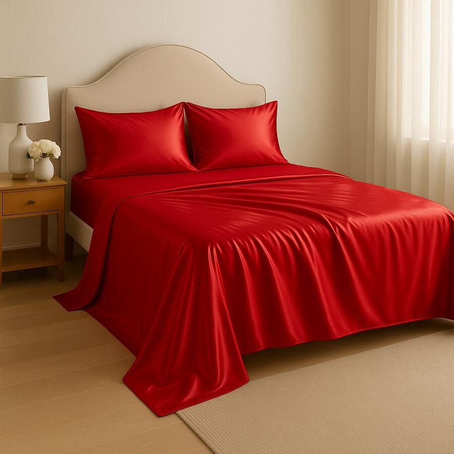Mr Dias 4-Piece Satin Sheet With Anti-Frizz Technology Double Standard Queen King Size Elastic Active Bill - Red - View 1