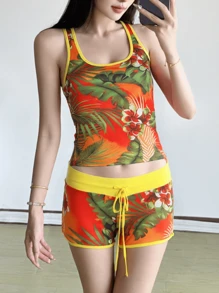 炫彩印花吊带背心和高腰抽绳短裤休闲两件套