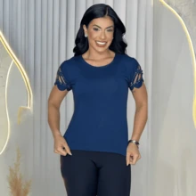 Women's Baby Look Top, Laser Cut, Shiny Butterfly Back, M, L, XL, Cut And Sew, Butterfly, Insect Print, Rhinestone Fabric, Sports And Fitness, Evening, Holiday, Vacation, Daily - 藏蓝色 - 查看 3