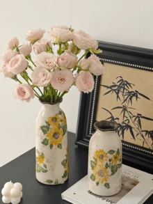1 pièce Mini vase en céramique fait main vintage tournesol, porte-fleurs floral doré à glaçure craquelée, décoration de maison bohème rustique de style ferme pour salon, chambre, balcon, table, fleurs fraîches/sèches, cadeau pour les fêtes & l'Aïd - Jaune citron - Voir 7