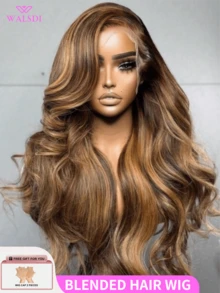 36 英寸 200 密度高光波浪蕾丝前部混合假发，人发混合发 13*4 4x4 5*5 13x6 高清透明蕾丝闭合假发，巴西人发混合发，耐高温纤维，预拔婴儿头发，无胶假发，女士人发混合发 10-14 英寸鲍勃假发 - S4/27 - 查看 2