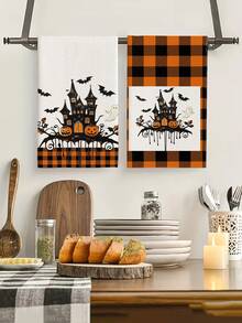 2pcs/4pcs/12pcs Halloween Castle Pattern Kitchen Towels, Halloween Bat Pattern Bathroom Towels, Halloween Outdoor Party Towels, Halloween Home Decor, Halloween Kitchen Decor, Modern Style, Quick Drying, Super Soft Microfiber Material, Rectangular, 15.75IN*23.62IN/40*60CM Digital Printing Pattern, Suitable For Outdoor Party Decoration, Halloween Holiday Gifts