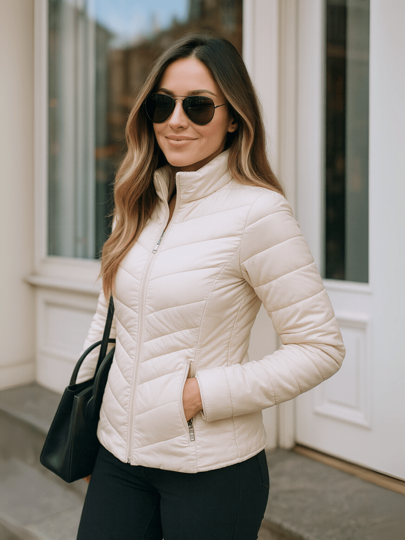 Chamarra Acolchada Entallada, Estilo Elegante Urbano, Ligera y Térmica para Mujer, Bolsillos con Cremallera, Cardigan Lateral