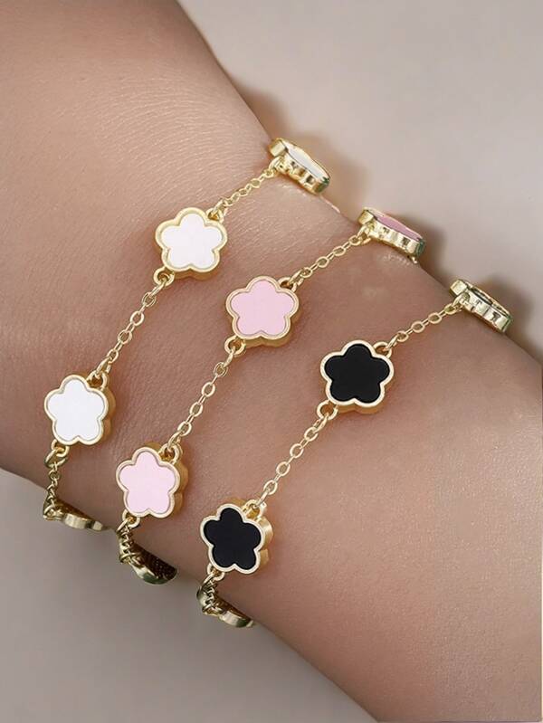 Conjunto de pulseras elegantes con flores de la suerte para mujer, en combinación de negro, blanco y rosa, de moda y casual, adecuado para uso diario