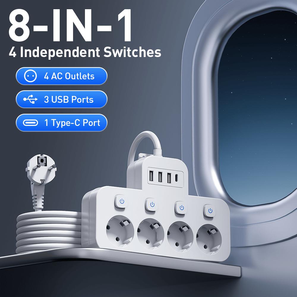 1pc Standard EU Power Outlet, 1.5M/3M/4.6M Extension Cord With 4 AC Sockets, 3 USB Ports, 1 Type-C Port, 5FT/10FT/15FT Cable Length, Black/White Available, Suitable For Office, Travel, Home Use