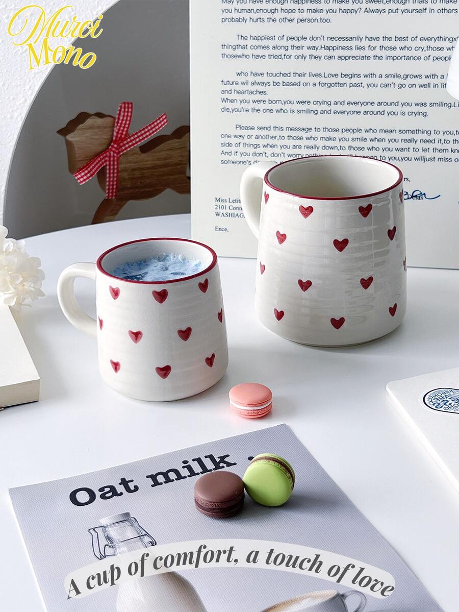 <Một tách trà ấm áp, một chút yêu thương>, 1 cốc gốm hình trái tim 200ml/420ml, cốc cà phê họa tiết tròn, thiết kế tối giản và thanh lịch, thích hợp để pha cà phê latte, sữa, sữa chua ăn sáng, trà chiều, quà tặng cho các cặp đôi, quà tặng ngày lễ tình nhân, quà tặng cho ngày tựu trường, quà tặng cho ngày tựu trường