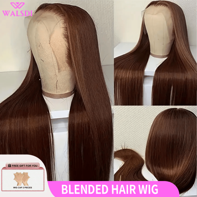 Peruki WALSDI o gęstości 200%, proste, długie, z koronką z przodu, z mieszanymi włosami ludzkimi, wstępnie wyrwane, w kolorze czekoladowego brązu, 13x6, z koronką z przodu, dla kobiet, peruki w kolorze naturalnym, z mieszanymi włosami ludzkimi i naturalną linią włosów, peruka typu bob, 10-14 cali