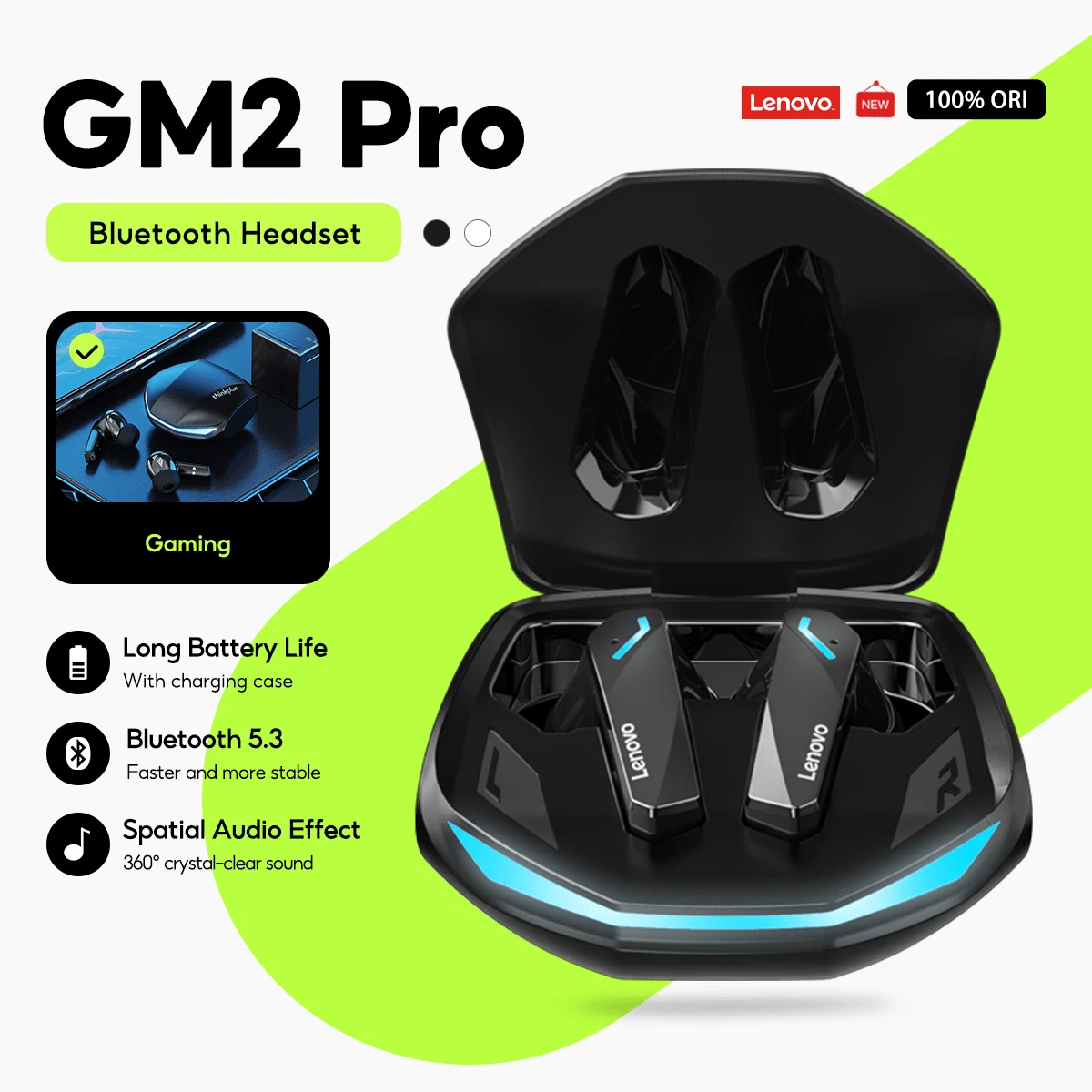 Lenovo Earbuds GM2 Pro Gaming Bluetooth Earphones BT 5.3 TWS HD RGB Lights Stereo Sound Low Latency With Mic - one-size - View 1