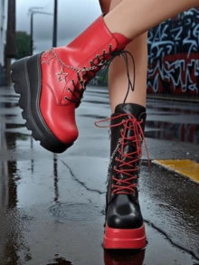 Women Platform Y2K Fashionable Heel Gothic Round Toe Boots Combat Motorcycle Punk Lace Up Boots With Side Zipper Boots - màu đen - Xem 4