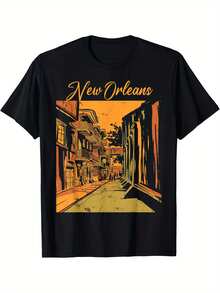 New Orleans Louisiana Souvenir Bourbon Street T-Shirt Cotton Fun Design DIY Men'S Soft Breathable Summer And Comfortable Casual Sports Easter And Father'S Day Gifts, PLUS SIZE, L-5XL - 黑色 - 查看 1
