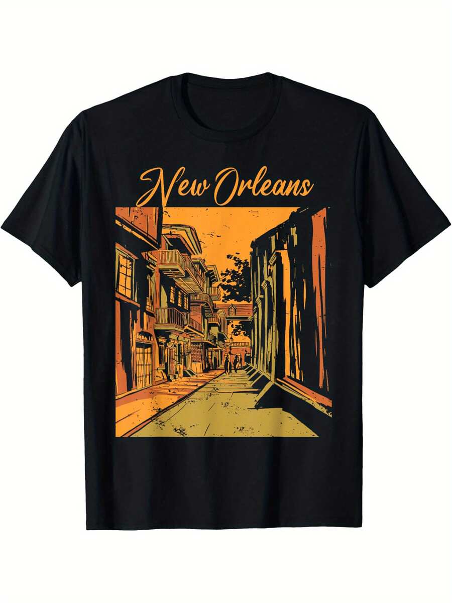 New Orleans Louisiana Souvenir Bourbon Street T-Shirt Cotton Fun Design DIY Men'S Soft Breathable Summer And Comfortable Casual Sports Easter And Father'S Day Gifts, PLUS SIZE, L-5XL - 黑色 - 查看 1
