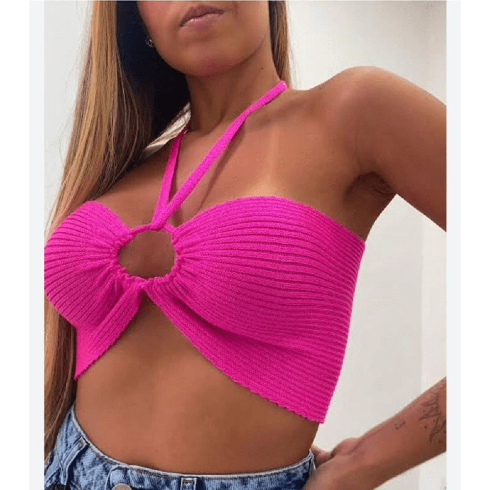 Modal Multi-Form Tie Crop Top, Tricot Bandeau Top, Summer Fashion , Tricot - 粉紅色的 - 查看 2