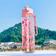 1pc 500ml pink flower pattern water bottle, simple and transparent plastic water cup - Pink - View 17