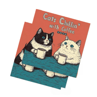 1 Pc 2026 Cat Cafe Calendar(8.5in*8.5in), 12 Months Artwork Design, Llustrations And Artwork Inspired Design, Perfect For Hanging Decoration, Home Office, Personal And Professional Scheduler, Wall Calendar, Planning Tool, Minimalist Design, Spiral Binding Design,Halloween, Halloween Gifts, Christmas, Christmas Gifts, Thanksgiving, Birthday Gifts, Valentine's Day, Wedding Gifts,Back To School Season, Graduation Season