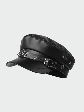 1pc Versatile Vintage Dark Skull Solid Color PU Leather Flat Top Newsboy Cap, Suitable For All Seasons