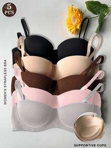5 pezzi Reggiseno donna con colore unito, spalline rimovibili, comodo per il busto, con anelli metallici, spalline rimovibili, con vari metodi di indossamento, adatto per appuntamenti, vacanze, uso quotidiano, abiti da sposa, abiti formali, abiti senza spalline - Multicolore - Visualizzare 1