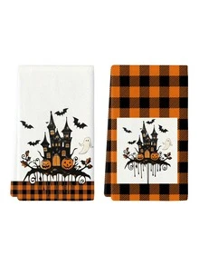 2pcs/4pcs/12pcs Halloween Castle Pattern Kitchen Towels, Halloween Bat Pattern Bathroom Towels, Halloween Outdoor Party Towels, Halloween Home Decor, Halloween Kitchen Decor, Modern Style, Quick Drying, Super Soft Microfiber Material, Rectangular, 15.75IN*23.62IN/40*60CM Digital Printing Pattern, Suitable For Outdoor Party Decoration, Halloween Holiday Gifts