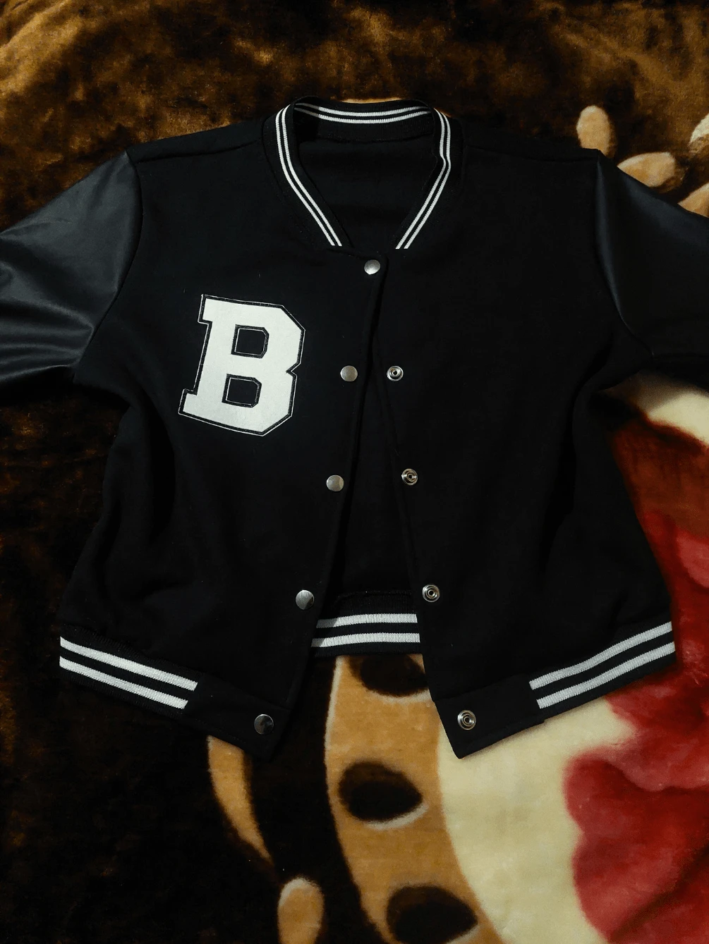 Women's Bomber Jacket Schoolgirl Blogger Winter Blouse Female Sweatshirt Elegant Leatherette Sleeve - 黑色 - 查看 1