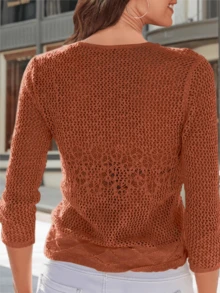 Womens Sheer Shrug Sweaters 3/4 Sleeve Open Front Tie Cardigan Bolero Jacket Lightweight Crochet Knit Cover Up Tops - 磚紅色 - 查看 2