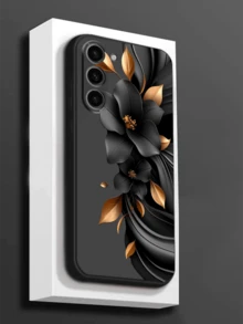 黑色3D立体花卉图案金色叶子手机壳，1个装，时尚黑金花卉图案手机壳，兼容Galaxy A04e/A05s/A13/A14/A15/A34/A35/A50/A52/A53/A54/S21/S22/S23/S24/S25/S25 Ultra，春季礼物，国际版，非国内版 - 黑色 - 查看 6