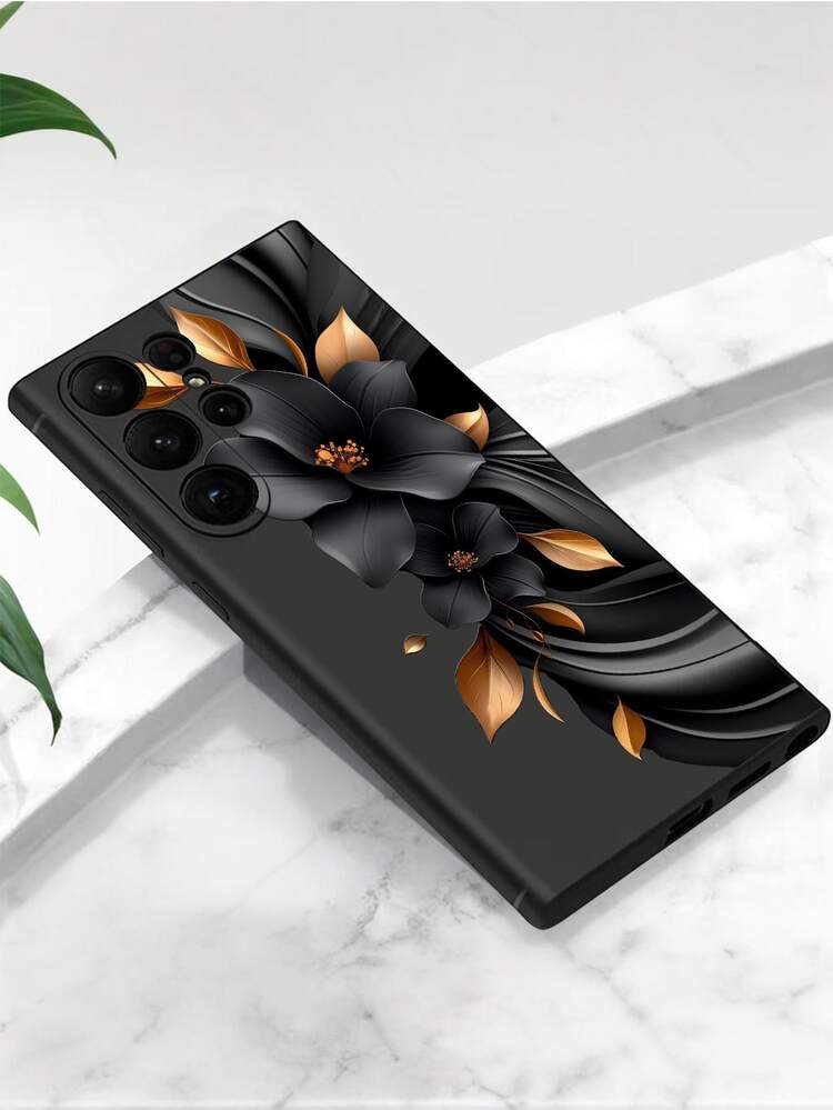 黑色3D立体花卉图案金色叶子手机壳，1个装，时尚黑金花卉图案手机壳，兼容Galaxy A04e/A05s/A13/A14/A15/A34/A35/A50/A52/A53/A54/S21/S22/S23/S24/S25/S25 Ultra，春季礼物，国际版，非国内版 - 黑色 - 查看 4