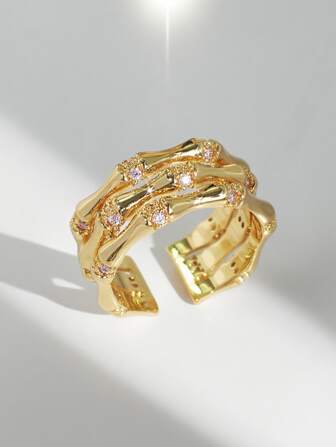 Charm-In 1pc Gold-Tone Layered Bamboo Knuckle Ring With Red Zirconia & Pink Zirconia, Valentine's Day Gift