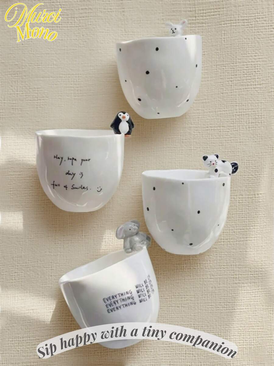 <和小伙伴一起快乐地啜饮>，可爱釉面3D猫咪咖啡杯带手柄，兔子攀爬陶瓷杯，大象陶瓷杯，企鹅拿铁艺术杯 回到学校 - 彩色 - 查看 1