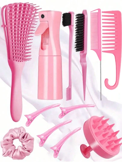 12 piezas/Juego de peines y accesorios de peinado de moda para niñas, incluye: peine de dientes finos, peine de cola de ratón, cepillo lateral, cepillo de pelo, pinzas para el cabello, anillos para el cabello, peine de dientes anchos, y un frasco de spray de agua recargable de 200ml, ideal como regalo personalizado para la temporada festiva.