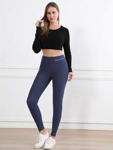 Women's Thick Thermal Lined Thermal Winter Warm Tights Tummy Control High Waisted Workout Yoga Pants With Embroidery Decoration - Navy Blue - View 8