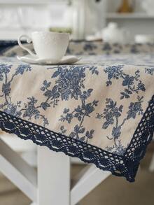 1 pièce Nappe rectangulaire avec imprimé rose bleu et bordure en dentelle, couverture de table avec découpes, convient pour table de café, meuble TV, pour toutes les saisons - Multicolore - Voir 7