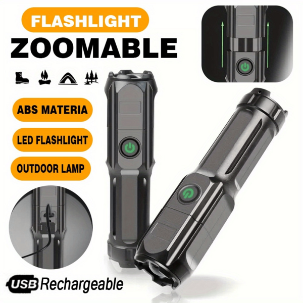 OBOVAY 1pc LED USB Rechargeable Flashlights, Portable Outdoor Lamp For Fishing Camping, Hiking, Emergency Spotlight, ABS Material Work Light, Zoomable Handheld Torch