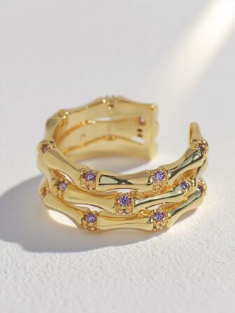 Charm-In 1 st guldfärgad zirkoniainläggning med trippel bambu-knut och zirkoniasten, romantisk alla hjärtans dag-present