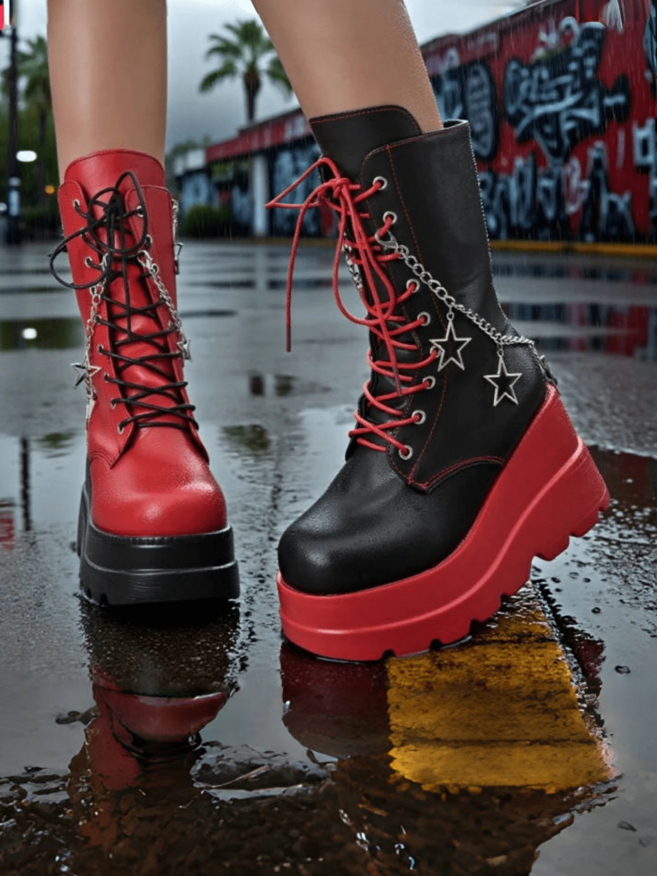 Women Platform Y2K Fashionable Heel Gothic Round Toe Boots Combat Motorcycle Punk Lace Up Boots With Side Zipper Boots - màu đen - Xem 1