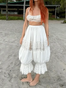 Women's Long Lace Bloomers Casual Loose Fit Stylish Solid Lace Floral Drawstring Mid Rise Crop Pants - trắng - Xem 2