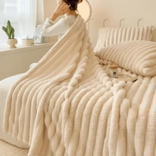 Warm And Cozy Flannel Blanket With Drawstring, Faux Rabbit Fur, Soft And Warm For Couch, Ideal For Nap, Office, Camping, Versatile Striped - Gift For All Seasons - Beige - View 5