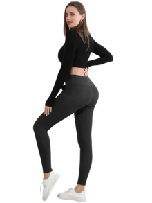 1pc Women's Black Solid Color Elastic Waist Leggings,Thermal Lined With 2 Side Pockets - Autumn/Winter Warm Staple,Fleece - Black - View 8