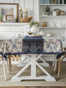 1 pièce Nappe rectangulaire avec imprimé rose bleu et bordure en dentelle, couverture de table avec découpes, convient pour table de café, meuble TV, pour toutes les saisons - Multicolore - Voir 2