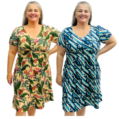 Kit 2 Vestidos Femininos Estampados Plus Size Gola V Frente Dupla Manga Curta