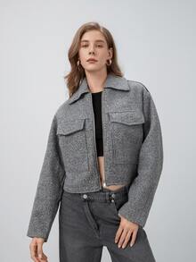 HZXVIC Women's Autumn New Solid Color Zipper Casual Large Pocket Commuter Jacket - Grey - View 6