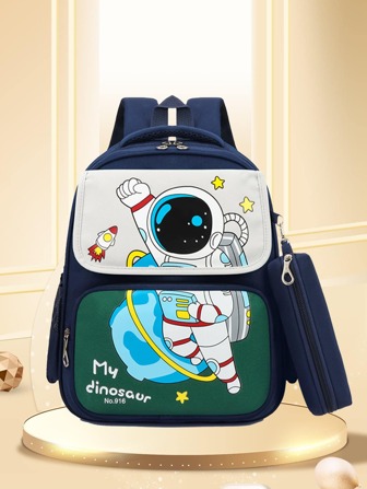 1 pieza Mochila para niños/escuela primaria con diseño de astronauta de dibujos animados, adecuada para preescolar, jardín de infantes, 1er grado, con estuche para lápices y hebilla anti-pérdida, verde y azul